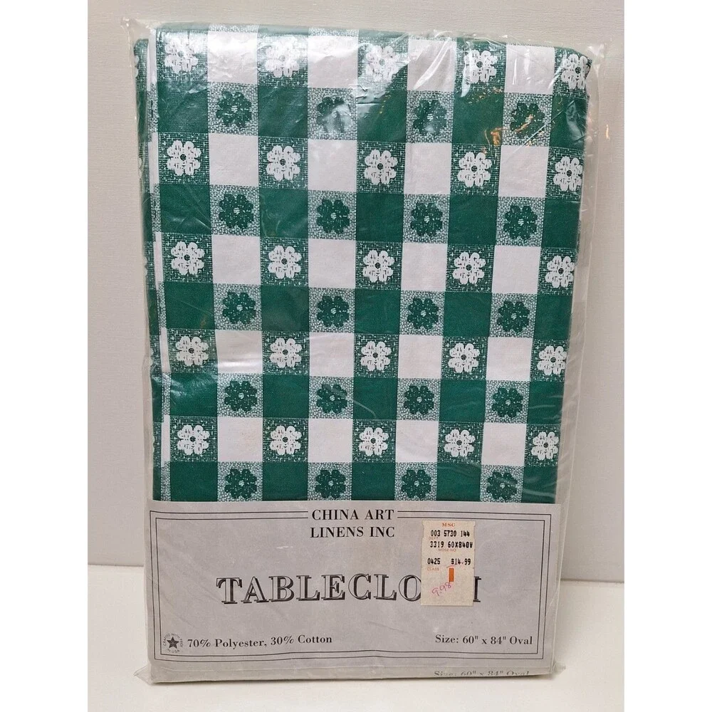 New In Package, 1980s Vinyl Flannel Back Green Gingham 60x84 Oval Tablecloth-USA